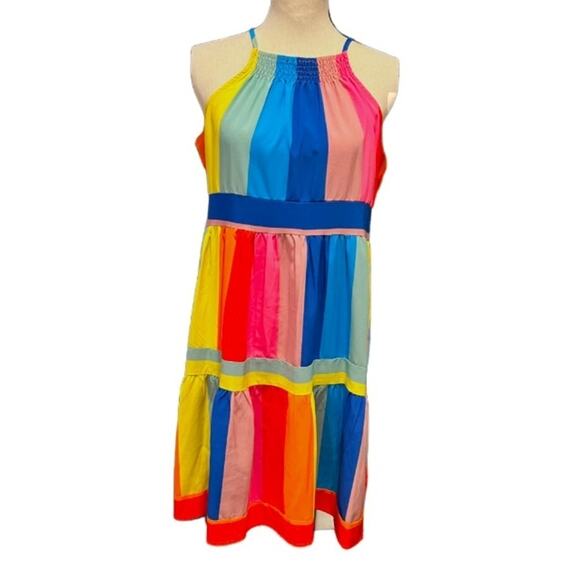 SOLUTION Rainbow Striped Shift Dress Size Medium - Picture 3 of 10